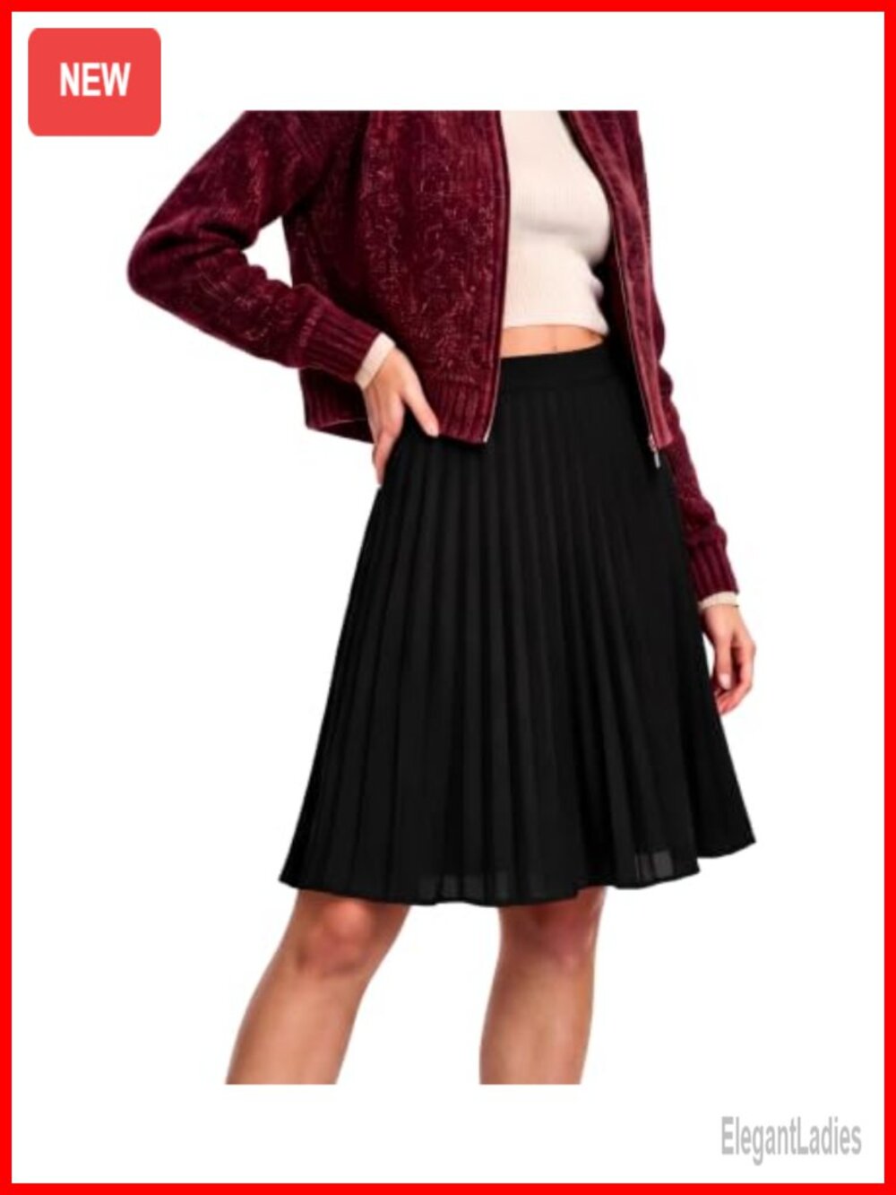 Women's Pleated Midi Skirt A-Line Elastic Waist Mid-Rise Pull-On Office